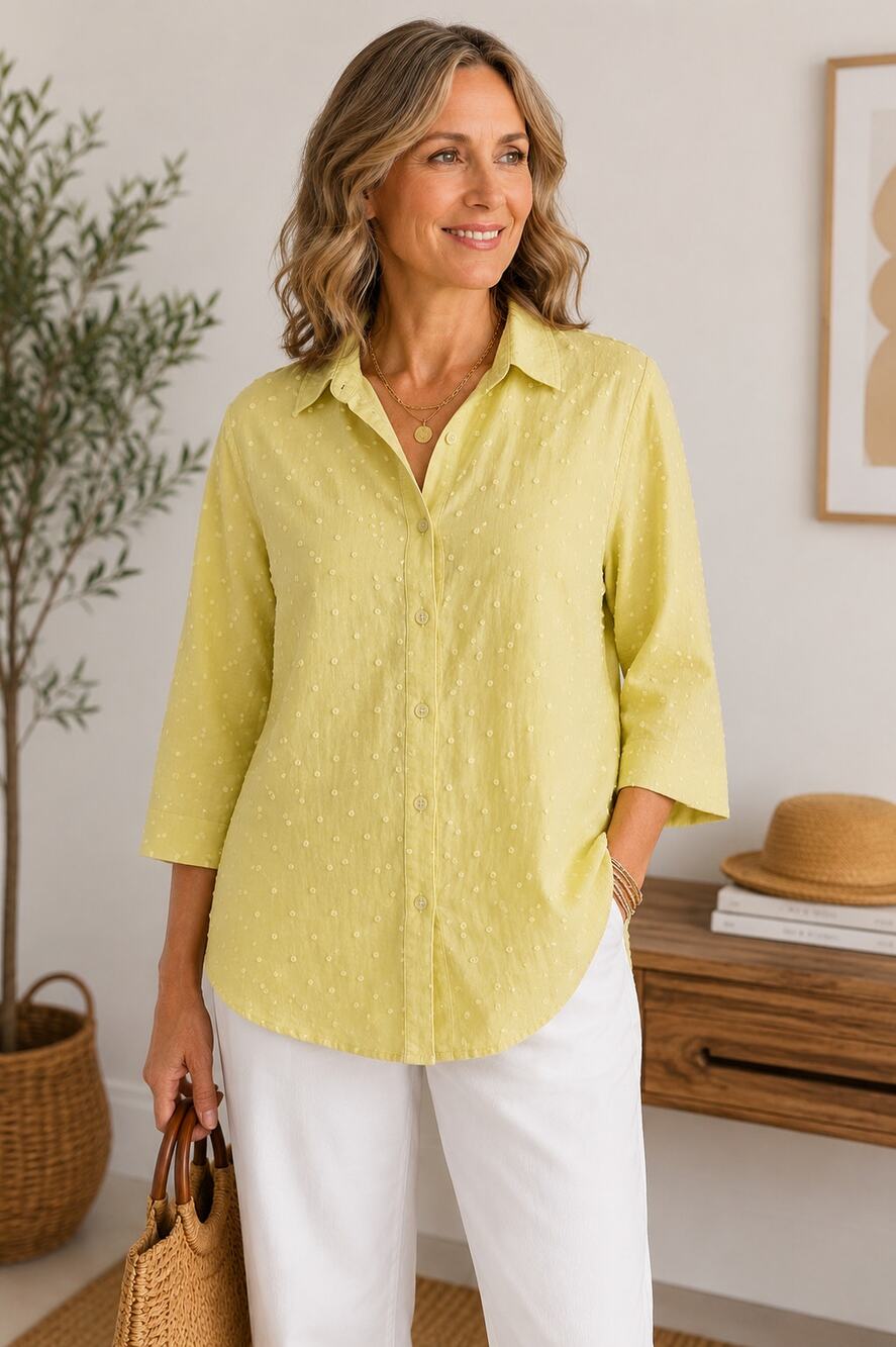 E-Col-O-Gie Woman 100% Linen Embroidered Dot Button Front Shirt Blouse 2X Yellow